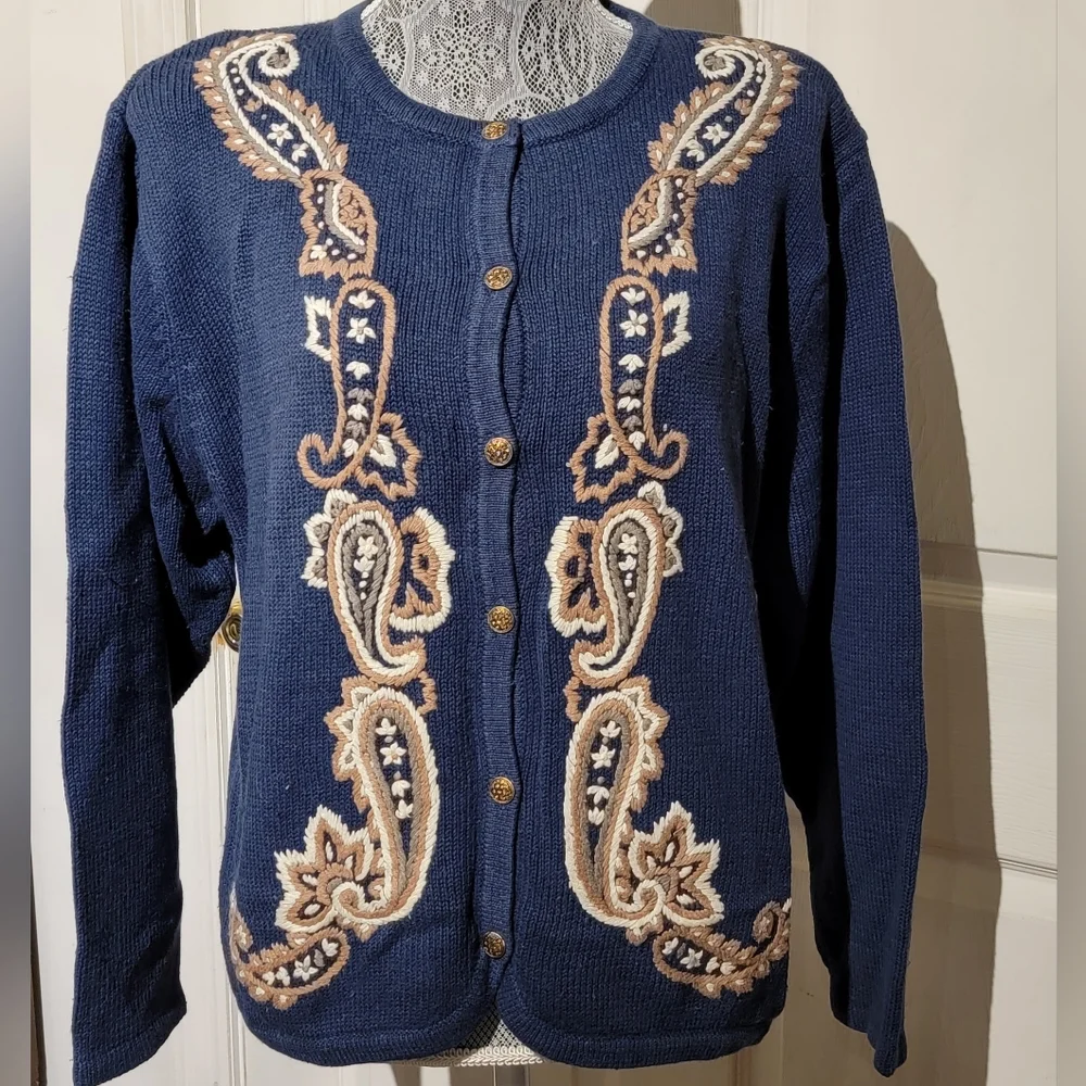Orville Women's Blue with Knitted Accents 6 Button Long Sleeve Sweater Cardigan